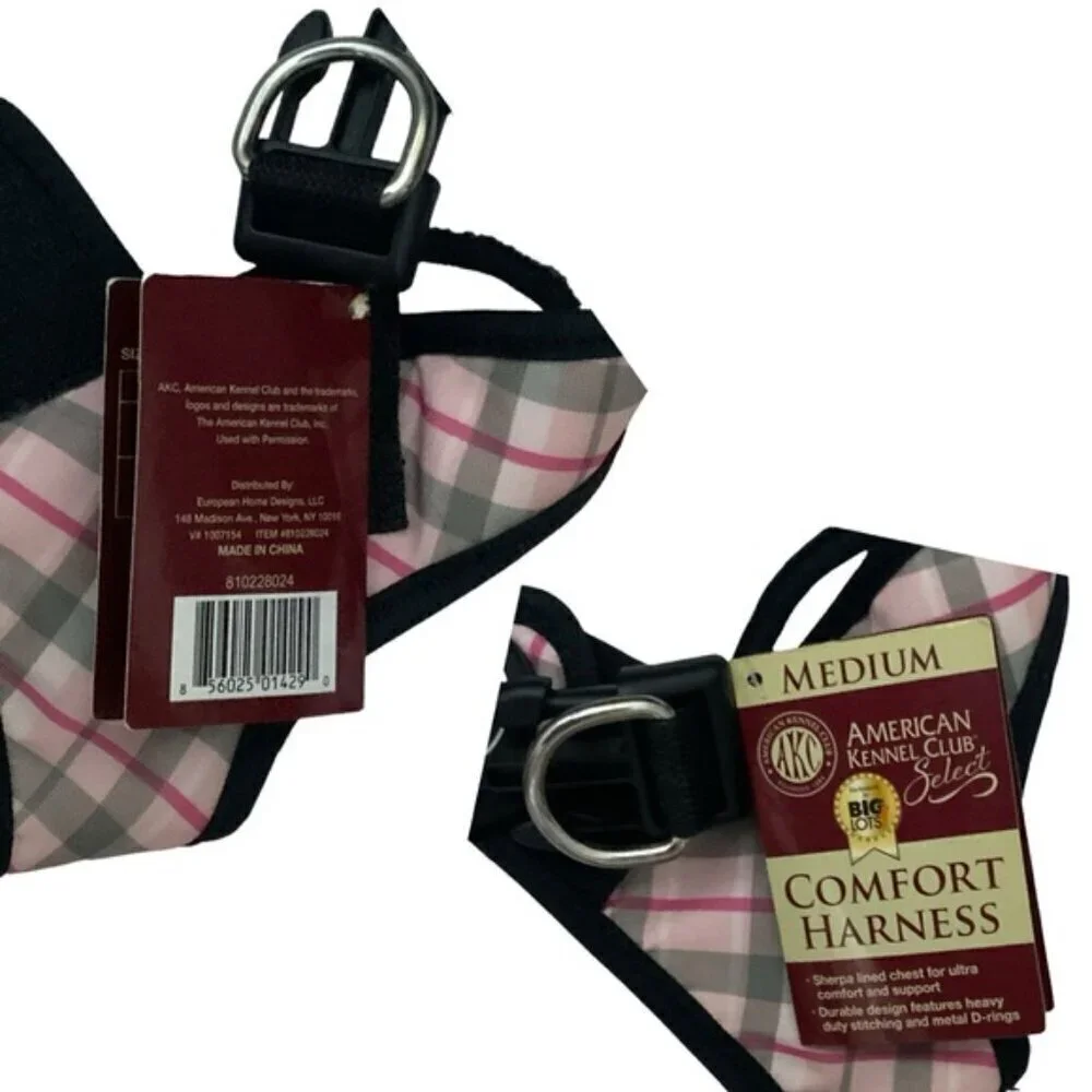 American Kennel Club Dog Harness Vest  Designer Tartan Plaid Sherpa Lined Pink M